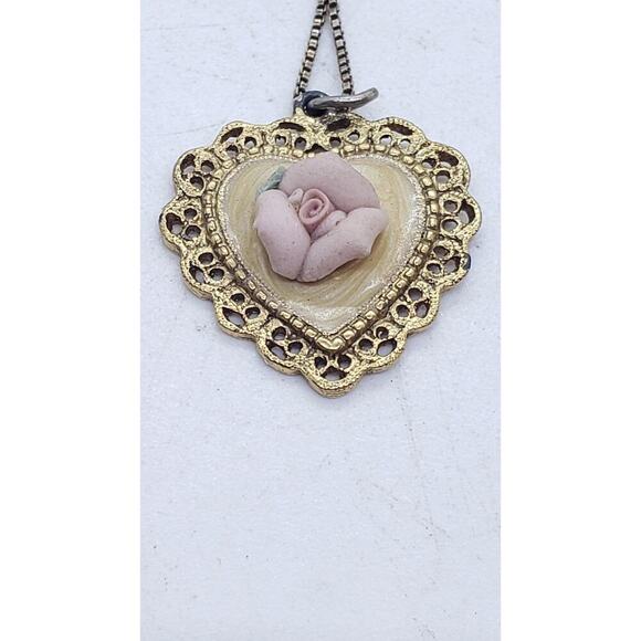 Vintage Heart Necklace Pink Porcelain Rose Gold Plated Filigree Artisan Handmade - Picture 5 of 12